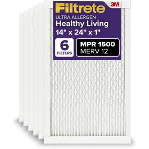 imageFiltrete 10x20x1 AC Furnace Air Filter MERV 12 MPR 1500 CERTIFIED asthma ampamp allergy friendly 3 Month Pleated 1Inch Electrostatic Air Cleaning Filter 6Pack Actual Size 981x1981x078 in14x24x1