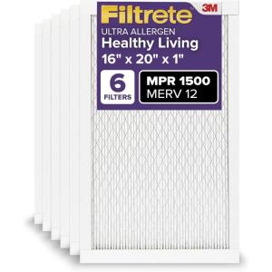 imageFiltrete 10x20x1 AC Furnace Air Filter MERV 12 MPR 1500 CERTIFIED asthma ampamp allergy friendly 3 Month Pleated 1Inch Electrostatic Air Cleaning Filter 6Pack Actual Size 981x1981x078 in16x20x1