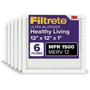 imageFiltrete 10x20x1 AC Furnace Air Filter MERV 12 MPR 1500 CERTIFIED asthma ampamp allergy friendly 3 Month Pleated 1Inch Electrostatic Air Cleaning Filter 6Pack Actual Size 981x1981x078 in12x12x1