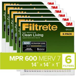 imageFiltrete 14x14x1 Air Filter MPR 600 MERV 7 Clean Living Dust Reduction 3Month Pleated 1Inch Air Filters 6 FiltersWhite