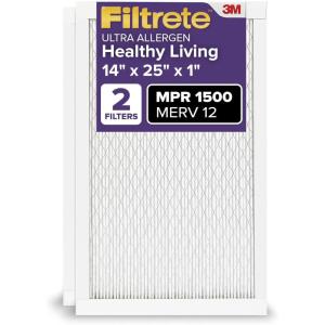 imageFiltrete 14x25x1 AC Furnace Air Filter MERV 12 MPR 1500 CERTIFIED asthma ampamp allergy friendly 3 Month Pleated 1Inch Electrostatic Air Cleaning Filter 2Pack Actual Size 1381x2481x078 in14x25x1