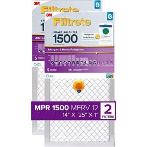 imageFiltrete 14x25x1 AC Furnace Air Filter MERV 12 MPR 1500 CERTIFIED asthma ampamp allergy friendly 3 Month Pleated 1Inch Electrostatic Air Cleaning Filter 2Pack Actual Size 1381x2481x078 in26 x 204 x 25