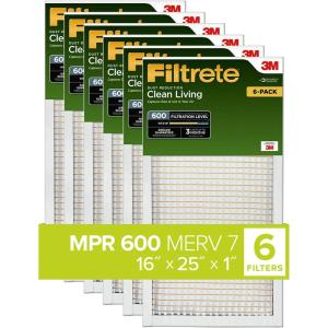 imageFiltrete 16x25x1 Air Filter MPR 600 MERV 7 Clean Living Dust Reduction 3Month Pleated 1Inch Air Filters 6 Filters