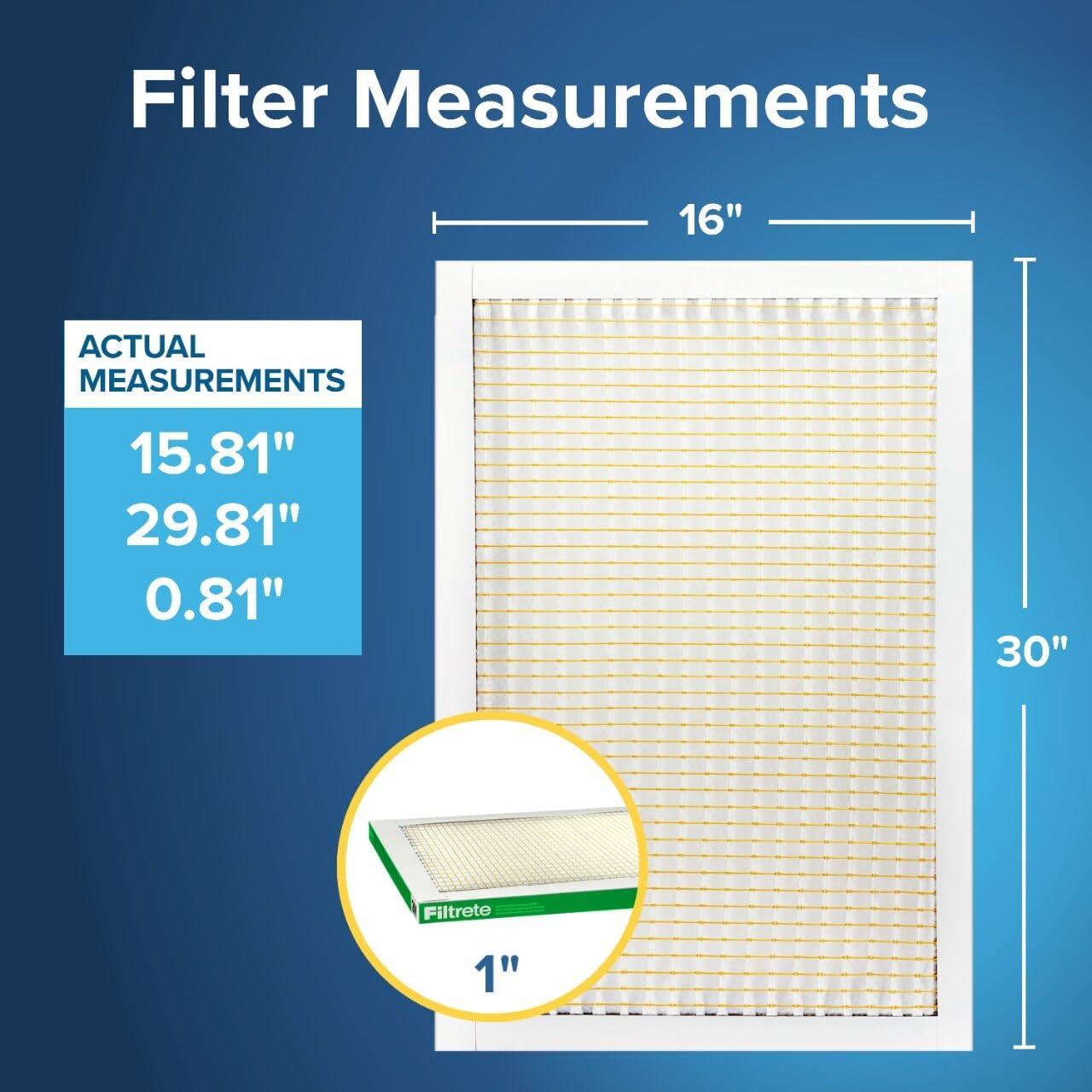 imageFiltrete 16x30x1 AC Furnace Air Filter MPR 700 MERV 8 Tough on Pollen Easy on Airflow 3Month Pleated 1Inch Electrostatic Air Cleaning Filter 4Pack Actual Size 1581 x 2981 x 081 in