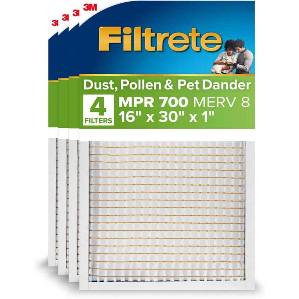 imageFiltrete 16x30x1 AC Furnace Air Filter MPR 700 MERV 8 Tough on Pollen Easy on Airflow 3Month Pleated 1Inch Electrostatic Air Cleaning Filter 4Pack Actual Size 1581 x 2981 x 081 in