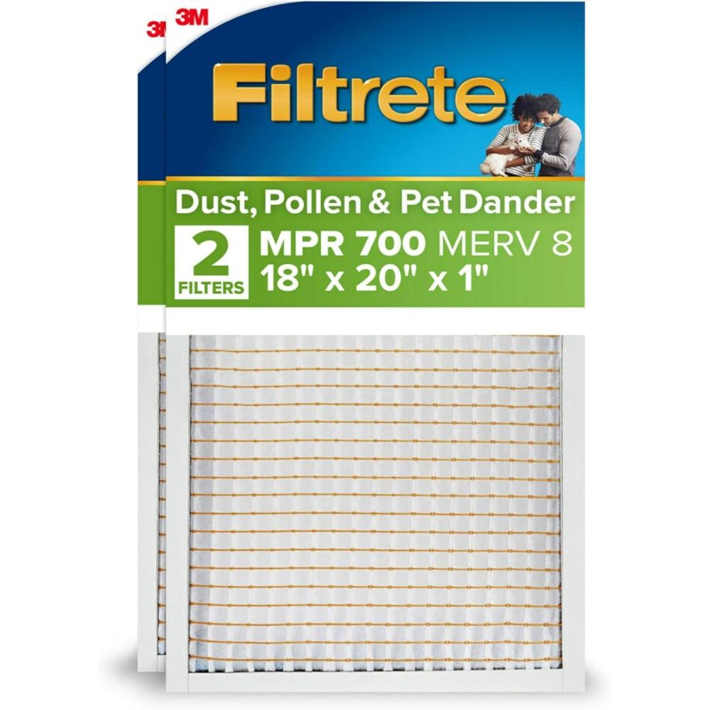 imageFiltrete 18x20x1 AC Furnace Air Filter MPR 700 MERV 8 Tough on Pollen Easy on Airflow 3Month Pleated 1Inch Electrostatic Air Cleaning Filter 2Pack Actual Size 1781 x 1981 x 081 in