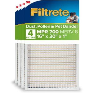 imageFiltrete 16x30x1 AC Furnace Air Filter MPR 700 MERV 8 Tough on Pollen Easy on Airflow 3Month Pleated 1Inch Electrostatic Air Cleaning Filter 4Pack Actual Size 1581 x 2981 x 081 in