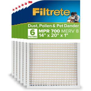 imageFiltrete 14x20x1 AC Furnace Air Filter MPR 700 MERV 8 Tough on Pollen Easy on Airflow 3Month Pleated 1Inch Electrostatic Air Cleaning Filter 6Pack Actual Size 1368 x 1968 x 078 in