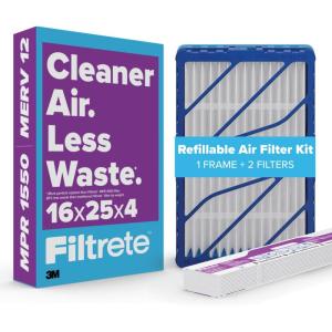 imageFiltrete 16x25x4 Refillable Air Filter Starter Kit MPR 1550 MERV 12 1 Reusable Air Filter Frame ampamp 2 Air Filters Fits Honeywell ampamp Lenox Allergen Bacteria ampamp Virus actual size 1588 x 2462 x 425