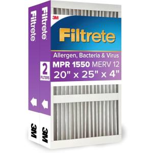 imageFiltrete 20x25x4 AC Furnace Air Filter MERV 12 MPR 1550 Fits Honeywell and AprilAire SpaceGard CERTIFIED asthma ampamp allergy friendly 2Pack Actual Size 1988 x 2463 x 431 in