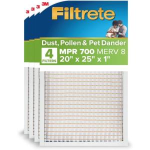 imageFiltrete 20x24x1 AC Furnace Air Filter MPR 700 MERV 8 Tough on Pollen Easy on Airflow 3Month Pleated 1Inch Electrostatic Air Cleaning Filter 4Pack Actual Size 1981 x 2381 x 081 in20 x 25 x 1