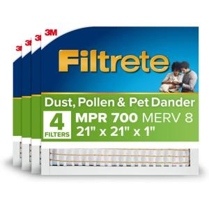 imageFiltrete 21x21x1 AC Furnace Air Filter MPR 700 MERV 8 Tough on Pollen Easy on Airflow 3Month Pleated 1Inch Electrostatic Air Cleaning Filter 4Pack Actual Size 2081 x 2081 x 081 in