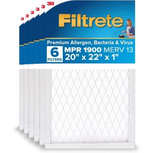 imageFiltrete 20x22x1 AC Furnace Air Filter MERV 13 MPR 1900 Premium Allergen Bacteria ampamp Virus Filter 3Month Pleated Electrostatic Air Cleaning Filter 6Pack Actual Size 1981x2181x081 in