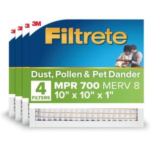 imageFiltrete 10x24x1 AC Furnace Air Filter MPR 700 MERV 8 Tough on Pollen Easy on Airflow 3Month Pleated 1Inch Electrostatic Air Cleaning Filter 4Pack Actual Size 981 x 2369 x 081 in10x10x1