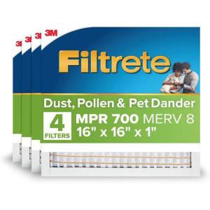 imageFiltrete 10x24x1 AC Furnace Air Filter MPR 700 MERV 8 Tough on Pollen Easy on Airflow 3Month Pleated 1Inch Electrostatic Air Cleaning Filter 4Pack Actual Size 981 x 2369 x 081 in16x16x1