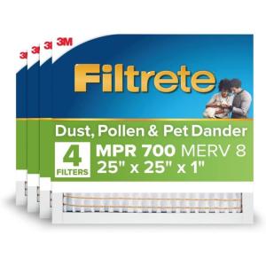 imageFiltrete 175x235x1 AC Furnace Air Filter MPR 700 MERV 8 Tough on Pollen Easy on Airflow 3Month Pleated 1Inch Electrostatic Air Cleaning Filter 4Pack Actual Size 1719 x 2319 x 081 in25x25x1