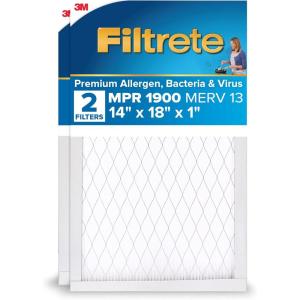 imageFiltrete 18x20x1 AC Furnace Air Filter MERV 13 MPR 1900 Premium Allergen Bacteria ampamp Virus Filter 3Month Pleated 1Inch Electrostatic Air Cleaning Filter 2Pack Actual Size 1781x1981x081 in14x18x1