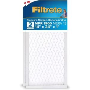 imageFiltrete 18x20x1 AC Furnace Air Filter MERV 13 MPR 1900 Premium Allergen Bacteria ampamp Virus Filter 3Month Pleated 1Inch Electrostatic Air Cleaning Filter 2Pack Actual Size 1781x1981x081 in14x24x1