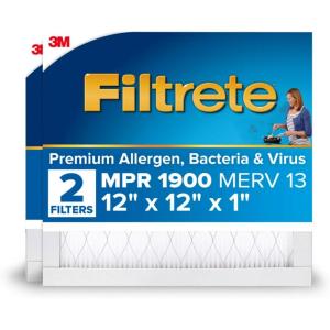 imageFiltrete 18x20x1 AC Furnace Air Filter MERV 13 MPR 1900 Premium Allergen Bacteria ampamp Virus Filter 3Month Pleated 1Inch Electrostatic Air Cleaning Filter 2Pack Actual Size 1781x1981x081 in12x12x1