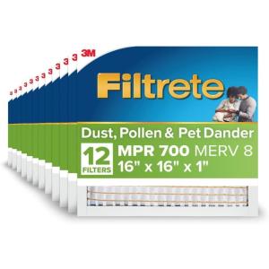 imageFiltrete 12x30x1 AC Furnace Air Filter MPR 700 MERV 8 Tough on Pollen Easy on Airflow 3Month Pleated 1Inch Electrostatic Air Cleaning Filter 12Pack Actual Size 1181 x 2981 x 081 in16x16x1