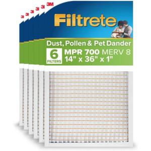 imageFiltrete 14x36x1 AC Furnace Air Filter MPR 700 MERV 8 Tough on Pollen Easy on Airflow 3Month Pleated 1Inch Electrostatic Air Cleaning Filter 6Pack Actual Size 1381 x 3581 x 081 in14x36x1