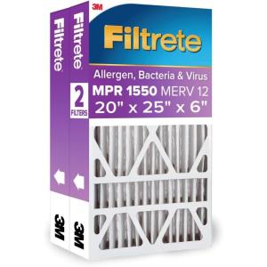 imageFiltrete 20x25x6 AC Furnace Air Filter MPR 1550 MERV 12 Fits Honeywell CERTIFIED Asthma ampamp Allergy Friendly Electrostatic Air Cleaning Filter 2Pack Actual Size 1975x2425x6 in