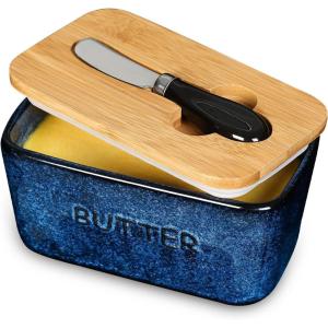 imageCeramic Butter Dish Keeper Container  Vicrays Porcelain Airtight Lid Butter Container with Knife for Countertop  Large Butter Keeper Crock for West or East Coast Butter  Blue