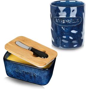 imageVicrays 2Piece Ceramic Kitchen Utensil Holder Butter Dish Keeper Container with Knife for Stove Top and Countertop