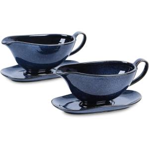 imageVicrays Gravy Boat with Saucer  Large 17oz Ceramic Sauce Boat with Tray Set of 2 for Turkey Salad Dressings Creamer Milk Broth  Thanksgiving Christmas Holiday Serving Dishes  Blue