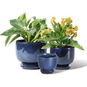 imagevicrays Ceramic Plant Pots Indoor  685543 Inch Planter Pot with Drainage Hole and Saucer for Succulent Orchid Flower Herbs Cactus  Gardening Home Desktop Office Decor  Set of 3 Blue