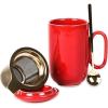 imageCeramic Tea Cup Mug Infuser  VICRAYS Large 16 oz Hot Loose Steeping Handle Teacup with Leaf Infuser Spoon Lid  Blue Tall Glazed Strainer Coffee Mug Microwave Safe  BlueScarlet Red