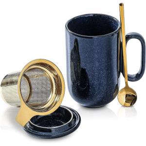 imageCeramic Tea Cup Mug Infuser  VICRAYS Large 16 oz Hot Loose Steeping Handle Teacup with Leaf Infuser Spoon Lid  Blue Tall Glazed Strainer Coffee Mug Microwave Safe  BlueBlue