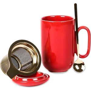 imageCeramic Tea Cup Mug Infuser  VICRAYS Large 16 oz Hot Loose Steeping Handle Teacup with Leaf Infuser Spoon Lid  Blue Tall Glazed Strainer Coffee Mug Microwave Safe  BlueScarlet Red