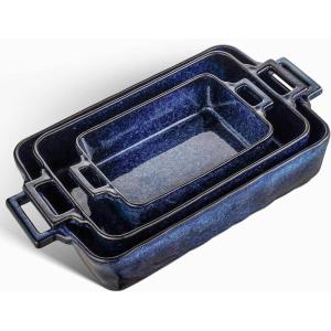 imageVICRAYS Ceramic Bakeware Set Porcelain Rectangular Lasagna Pans Casserole Dish Set for Baking Cooking Kitchen Cake Dinner Banquet and Daily Use 3 PCS 15 x 85 InchesBlueBlue