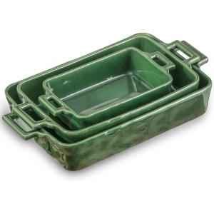 imageVICRAYS Ceramic Bakeware Set Porcelain Rectangular Lasagna Pans Casserole Dish Set for Baking Cooking Kitchen Cake Dinner Banquet and Daily Use 3 PCS 15 x 85 InchesBlueGreen