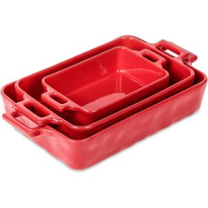 imageVICRAYS Ceramic Bakeware Set Porcelain Rectangular Lasagna Pans Casserole Dish Set for Baking Cooking Kitchen Cake Dinner Banquet and Daily Use 3 PCS 15 x 85 InchesBlueScarlet Red
