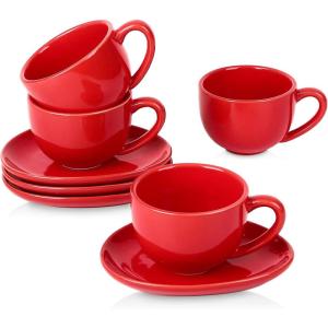 imagevicrays 65 oz Cappuccino Cups with Saucers Set of 4 Ceramic Coffee Cup for Au Lait Double shot Latte Cafe Mocha Tea GreenScarlet Red
