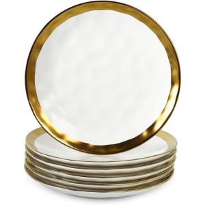 imagevicrays Ceramic Dessert Salad Plates 8 Inch Set of 6 Round Microwave Oven and Dishwasher Safe Scratch Resistant Porcelain Fluted Suitable for Snacks Appetizer Home Restaurant Cherry RedWhite with Golden