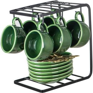 imagevicrays Ceramic Espresso Coffee Cups Set 4 oz Porcelain Espresso Cups with Saucers Spoons and Metal Stand for Tea Cafe Cappuccino Latte  Set of 6  BlueGreen