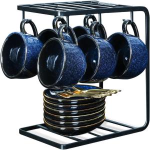 imagevicrays Ceramic Espresso Coffee Cups Set 4 oz Porcelain Espresso Cups with Saucers Spoons and Metal Stand for Tea Cafe Cappuccino Latte  Set of 6  BlueBlue