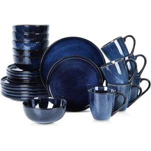 imageVicrays 24Piece Kitchen Dinnerware Set Ceramic Flat Dinner Plates Salad Plates Bowls Set Coffee Mug Microwave Oven and Dishwasher Safe Scratch Resistant Suitable for Home Party Blue
