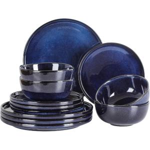 imageVicrays Ceramic 12 Pieces Dinnerware Set  Dinner Plates Salad Plates Cereal Bowls Set Service for 4  Scratch Resistant Microwave Oven Dishwasher Safe  BlueBlue
