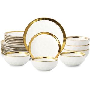 imagevicrays 18Piece Kitchen Dinnerware Set Ceramic Dinner Plates Salad Plates Bowls Set Coffee Mug Set Dishwasher Safe Not Microwave or Oven Safe Scratch Resistant Party  White with Golden