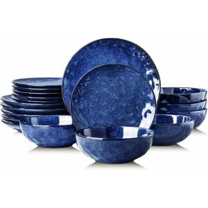 imagevicrays 18Piece Kitchen Dinnerware Set Ceramic Fluted Dinner Plates Salad Plates Bowls Set Microwave Oven and Dishwasher Safe Scratch Resistant Suitable for Home Party Restaurant Blue