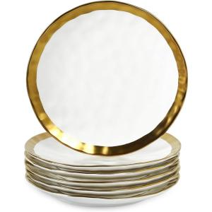 imagevicrays Ceramic Dinner Plates Set 105 Inch Set of 6 Round Microwave Oven Dishwasher Safe Porcelain Fluted Suitable for Steak Pasta Pizza Home Party Restaurant BeigeWhite with Golden