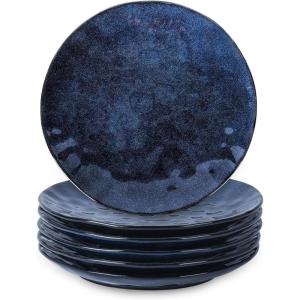 imagevicrays Ceramic Dinner Plates Set 105 Inch Set of 6 Round Microwave Oven Dishwasher Safe Porcelain Fluted Suitable for Steak Pasta Pizza Home Party Restaurant BeigeBlue