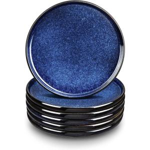 imagevicrays Ceramic Dinner Plates Set 105 Inch Set of 6 Round Microwave Oven Dishwasher Safe Porcelain Fluted Suitable for Steak Pasta Pizza Home Party Restaurant BeigeStarry Blue