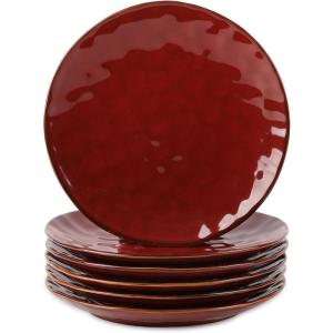 imagevicrays Ceramic Dinner Plates Set 105 Inch Set of 6 Round Microwave Oven Dishwasher Safe Porcelain Fluted Suitable for Steak Pasta Pizza Home Party Restaurant BeigeCherry Red
