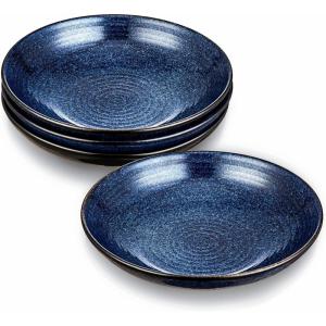 imagevicrays Ceramic Pasta Bowls Set 34 Ounce Large Ripple Salad Bowls Wide and Shallow Chip Resistant Dishwasher Microwave Safe stoneware Bowls for Kitchen Serving Bowls Set of 4 BlueStarry Blue