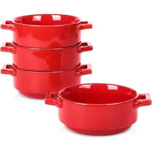 imagevicrays Ceramic Soup Bowls with Handles 24 Oz Porcelain Soup Crocks for French Onion Soup Cereal Beef Stew Chill Pasta Pot Pies Microwave and Oven Safe Set of 4 BlueScarlet Red